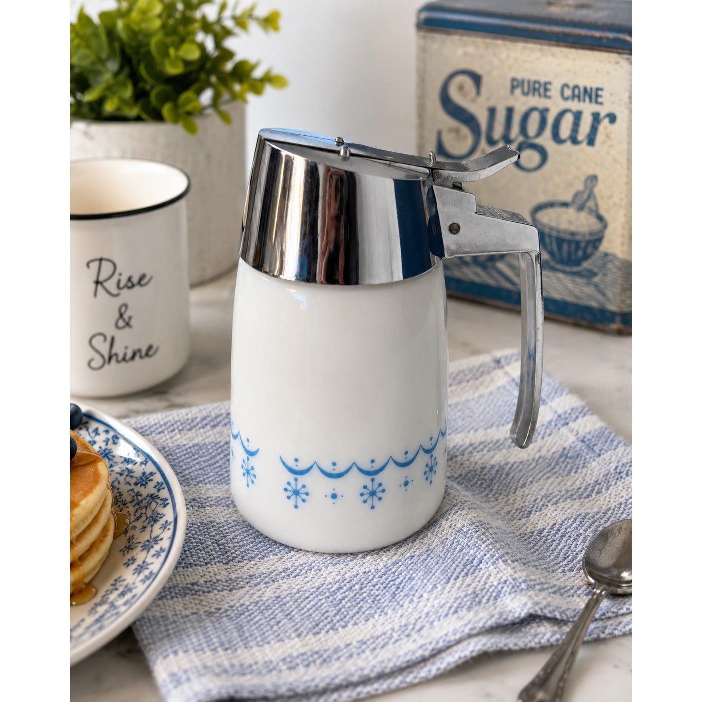 Vintage Hallcraft Mid Century Syrup Dispenser Atomic Blue Snowflake Milk Glass Pitcher