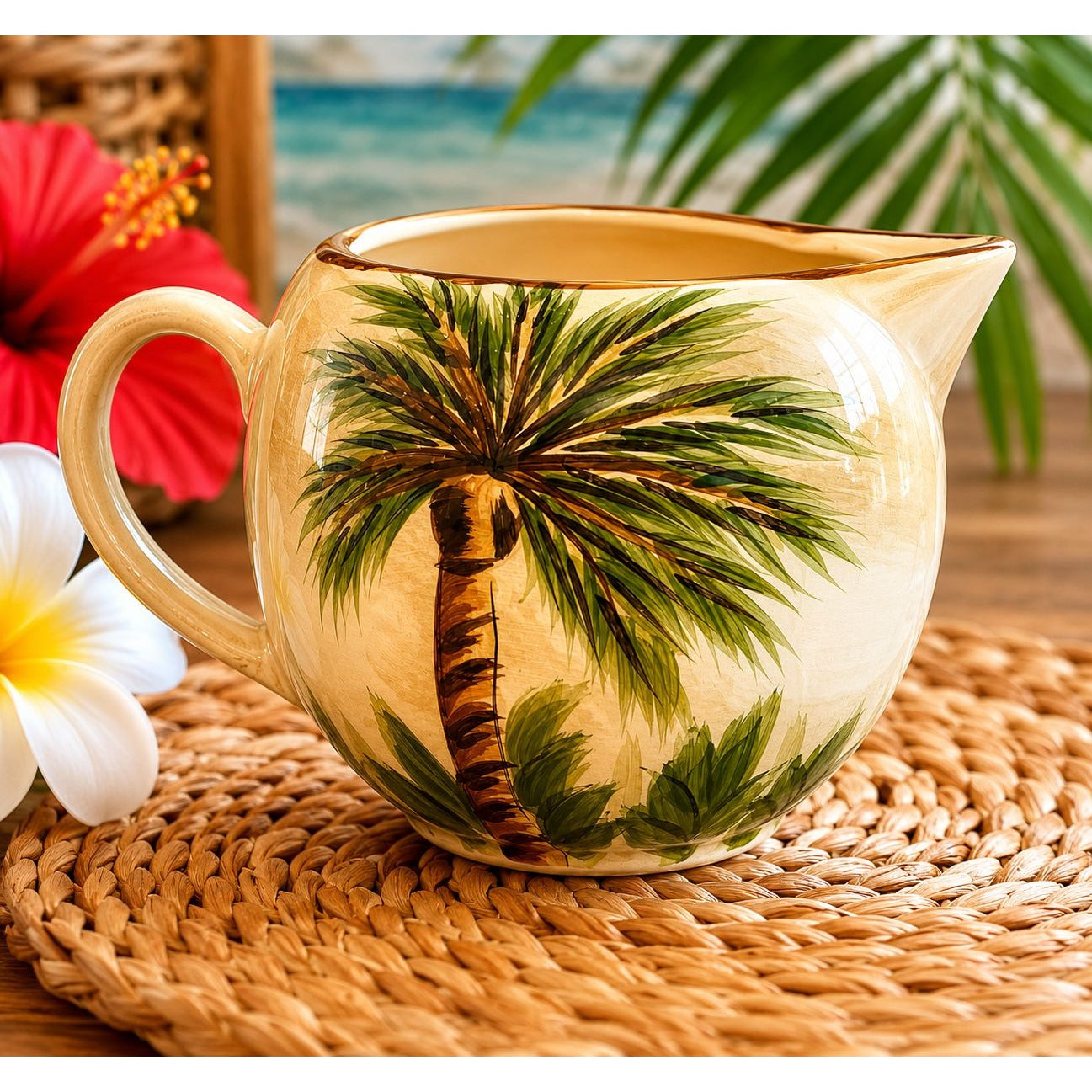 Tabletops Unlimited Kona Palm Tree Creamer Pitcher Hand Painted Tropical Coastal Decor