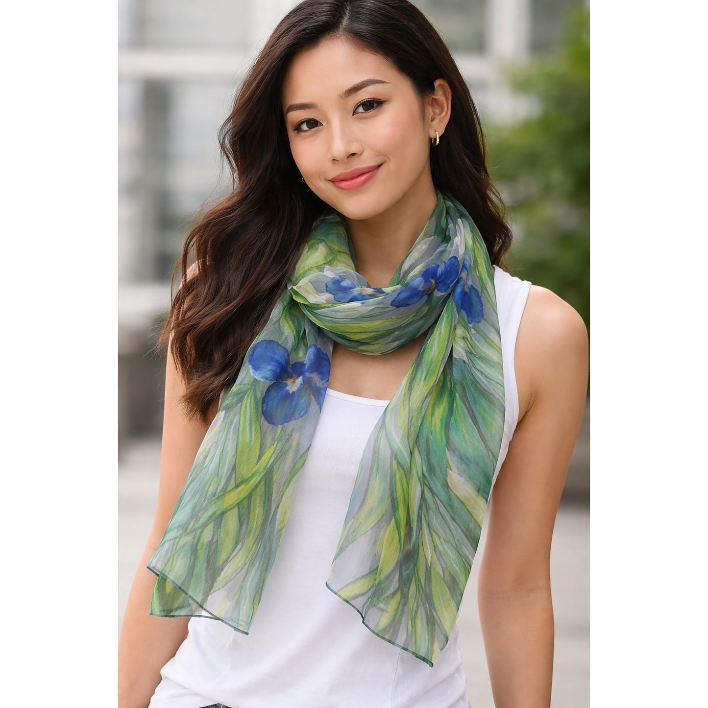 Silk Chiffon Floral Scarf Green Blue Iris Print Lightweight Sheer Wrap