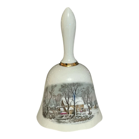 1978 Avon Award Porcelain Bell – Winter Scene – Made in Japan – Gold Trim – Exclusive Rep Gift