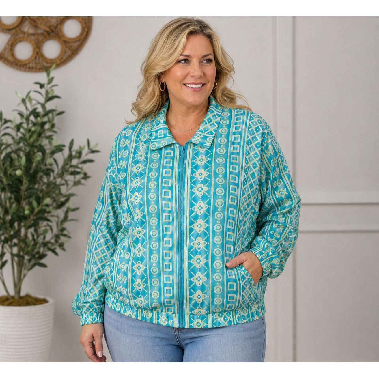 Teddi Plus Size Geometric Print Zip Front Jacket Aqua Blue Retro Windbreaker 2X 3X