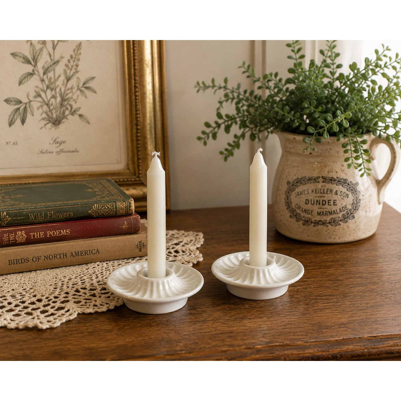 Vintage PLA Denmark White Ceramic Chamberstick Candle Holders Pair Scandinavian