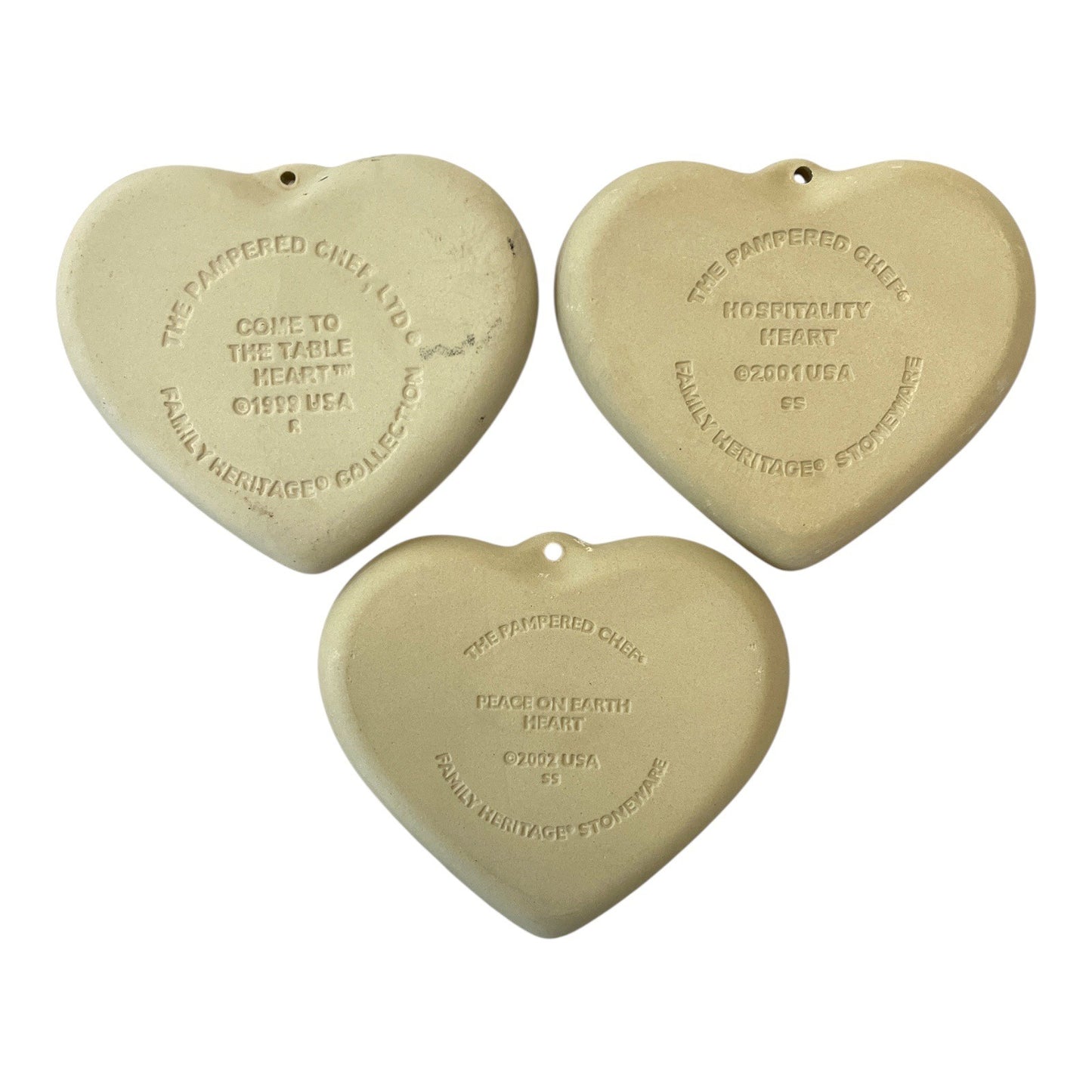 Set of 3 Pampered Chef Family Heritage Heart Stoneware Molds – 1999, 2001, 2002