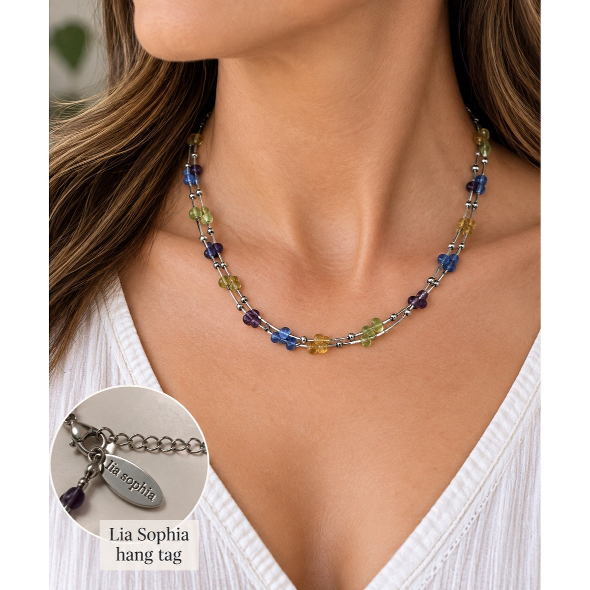 Lia Sophia Multicolor Beaded Multi Strand Necklace 14 Inch Silver Tone