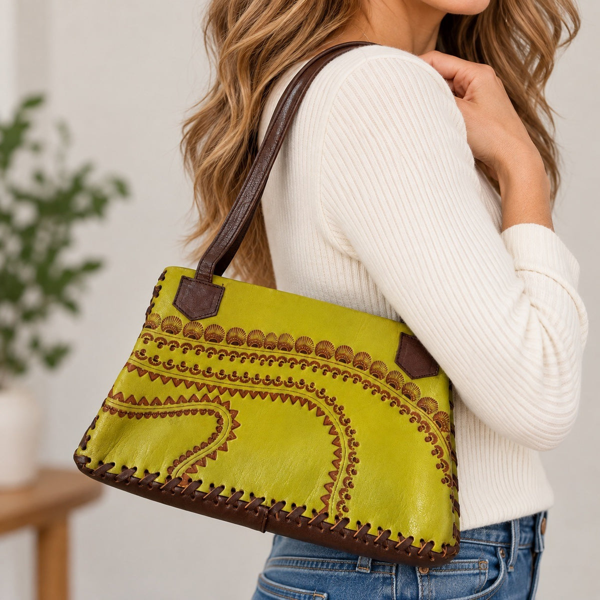 Peruvian Tooled Leather Shoulder Bag Chartreuse Green Brown Hand Laced Purse