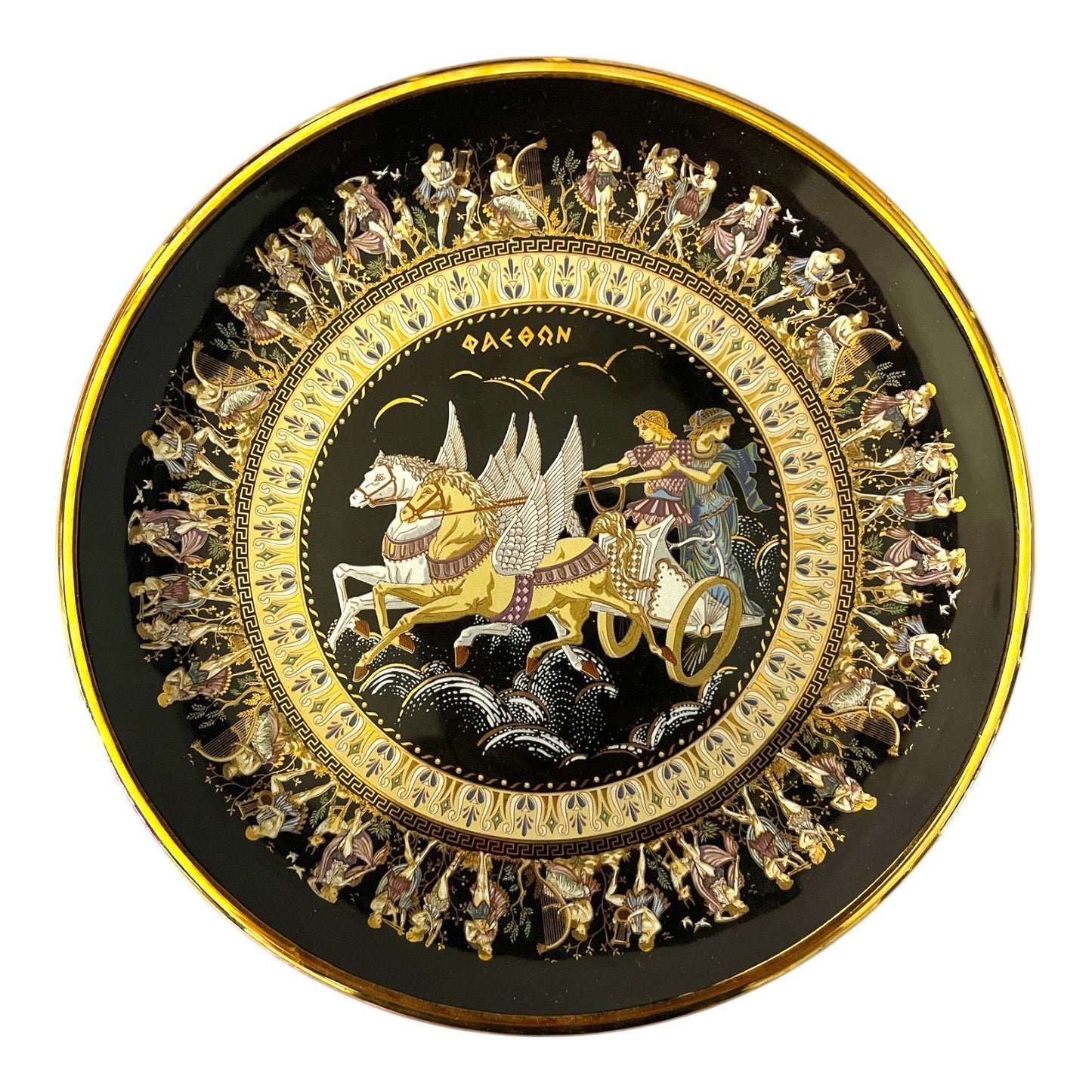Vintage D. Stingos Greek Mythology Plate – 24K Gold, 8" Phaethon Chariot Wall Plate