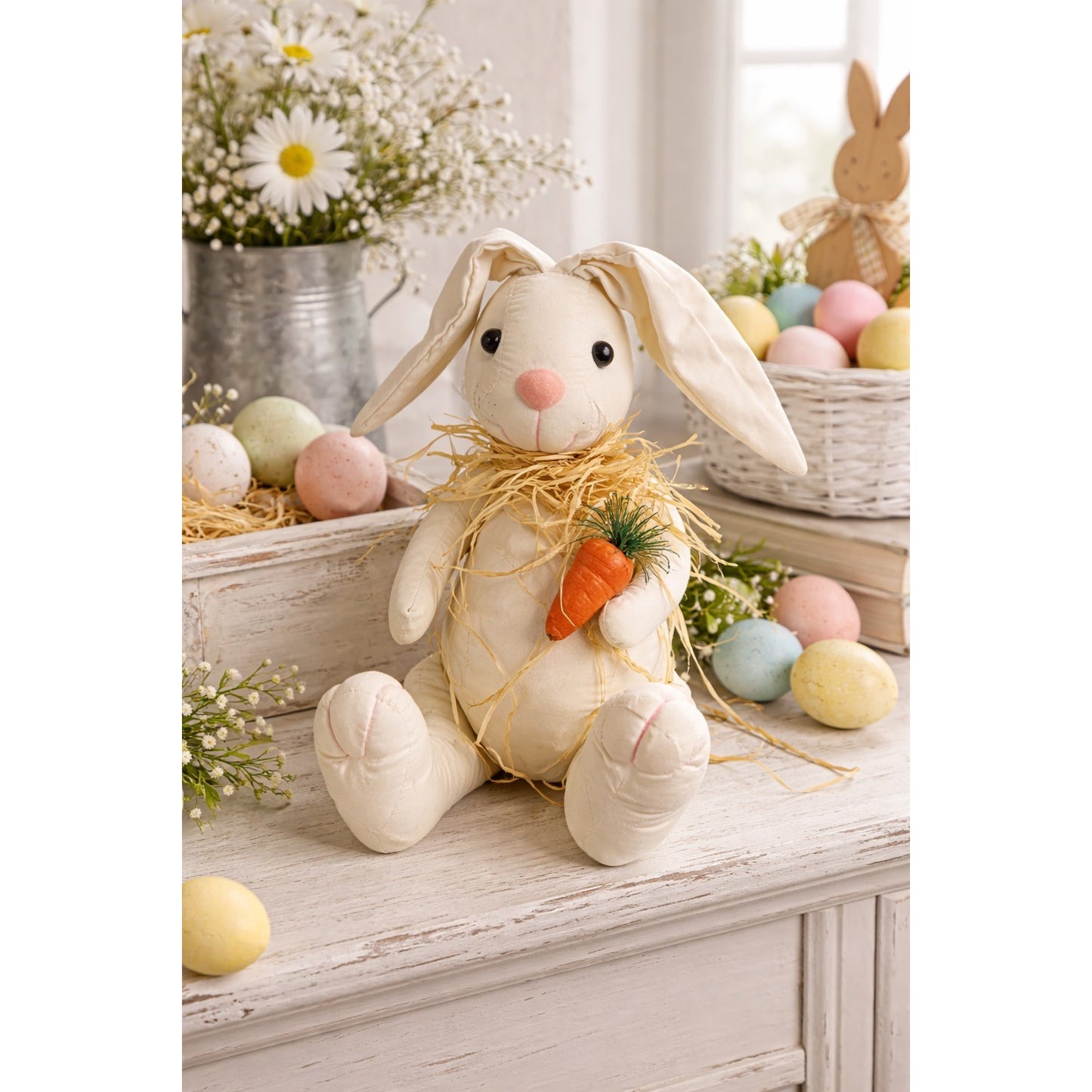 Vintage Ahco Weighted Bunny Plush 1996 Easter Rabbit Straw Collar Carrot Toy