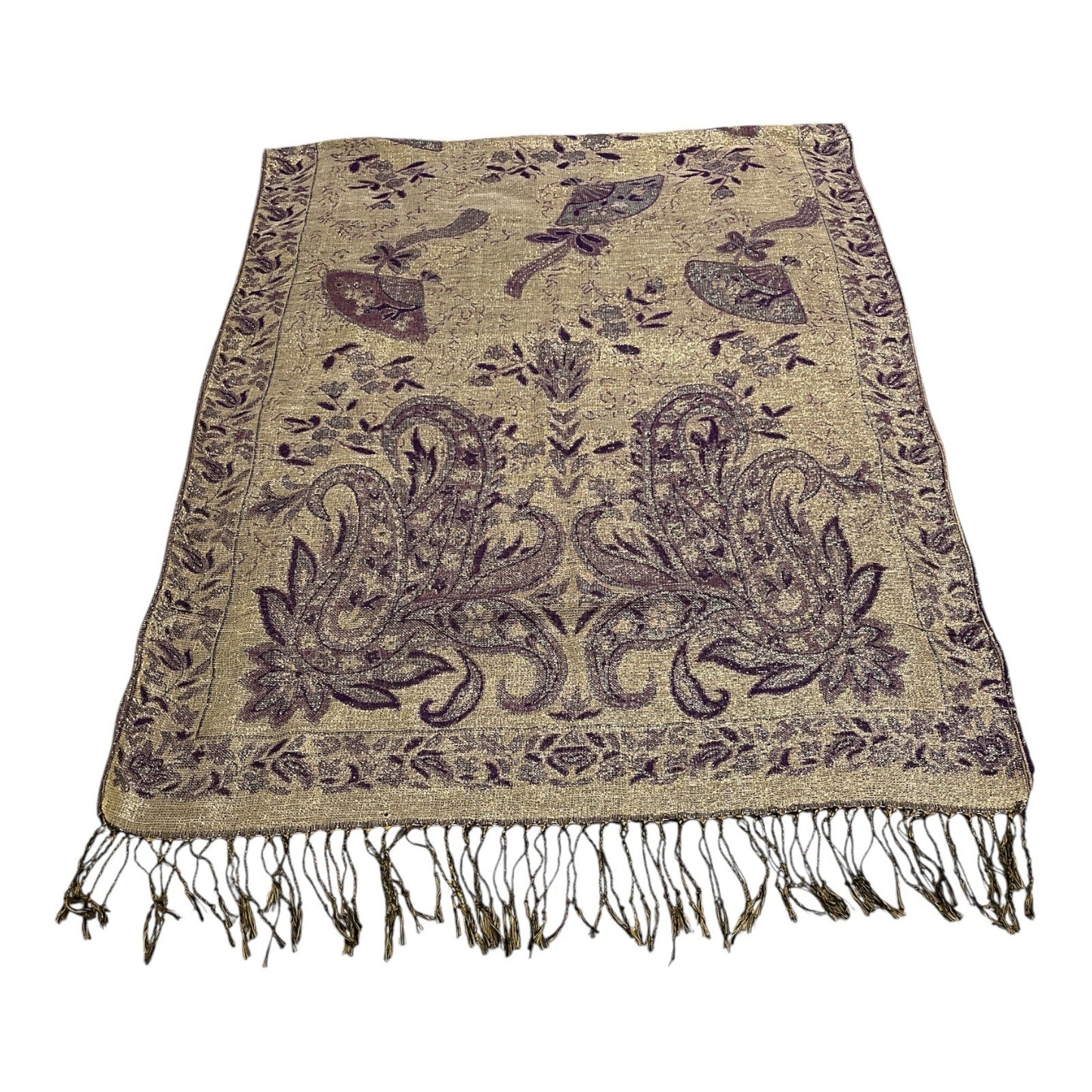 Vintage Pashmina Silk Blend Shawl – 70% Pashmina 30% Silk, Purple & Gold Paisley Scarf Wrap, 78” x 26” with Fringe