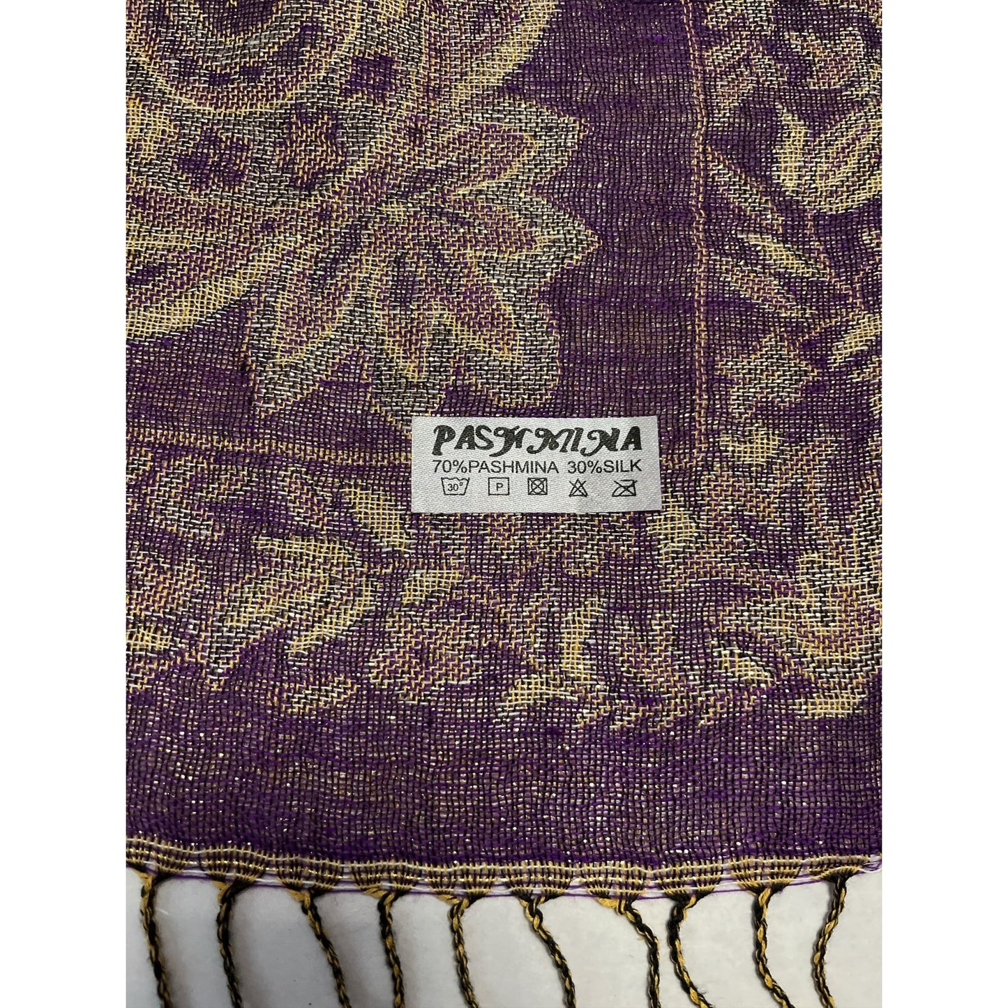 Vintage Pashmina Silk Blend Shawl – 70% Pashmina 30% Silk, Purple & Gold Paisley Scarf Wrap, 78” x 26” with Fringe