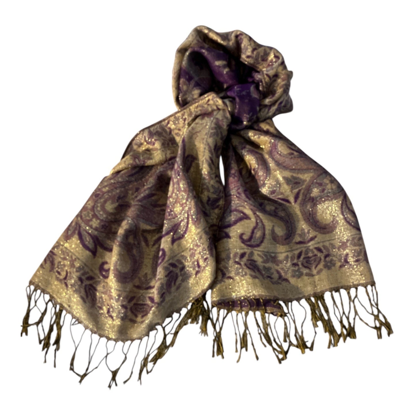 Vintage Pashmina Silk Blend Shawl – 70% Pashmina 30% Silk, Purple & Gold Paisley Scarf Wrap, 78” x 26” with Fringe