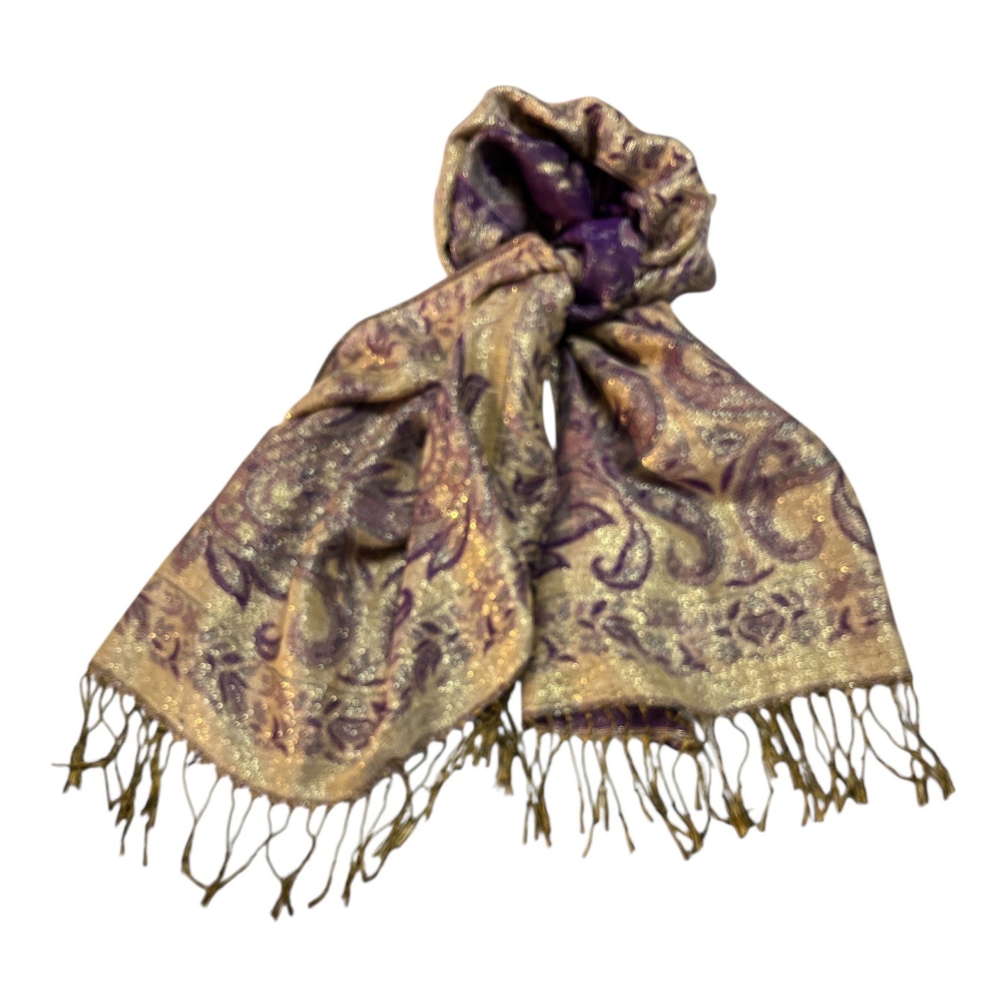Vintage Pashmina Silk Blend Shawl – 70% Pashmina 30% Silk, Purple & Gold Paisley Scarf Wrap, 78” x 26” with Fringe