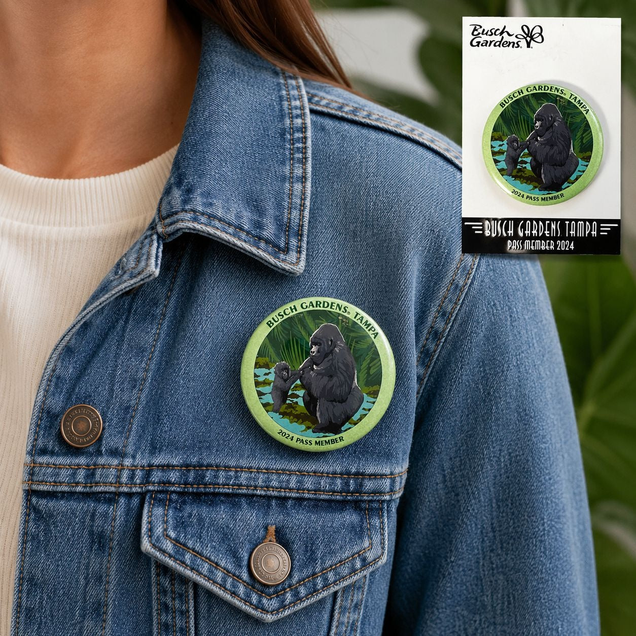 Busch Gardens Tampa 2024 Pass Member Button – Gorilla & Baby Design – 2.5"