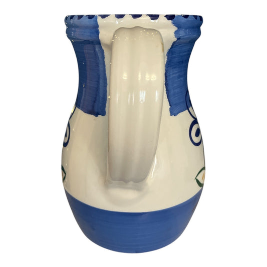 Vintage La Primula Italy Blue Floral Ceramic Pitcher 8" Hand Painted Flower Jug