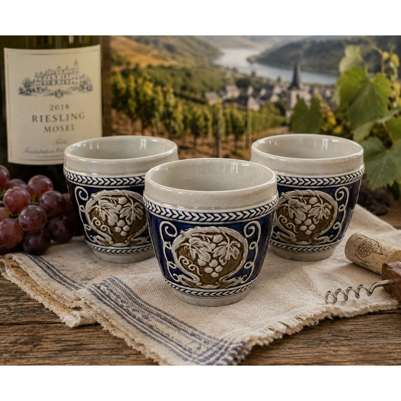 Set of 3 Vintage West German Stoneware Wine Cups Grapevine Relief Blue Pottery Beakers