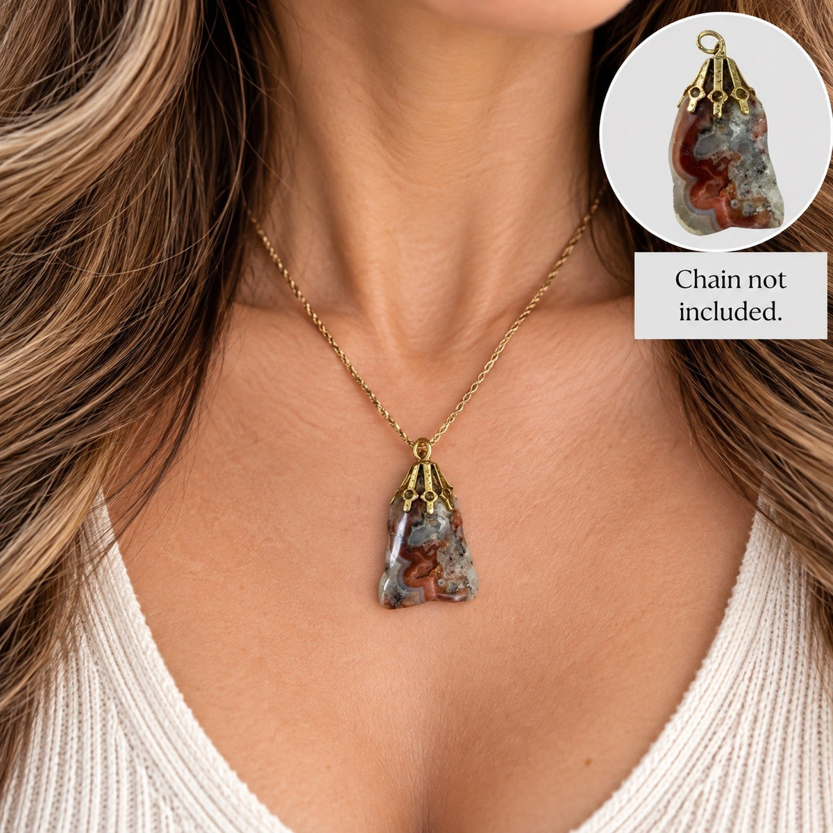 Natural Agate Stone Pendant Gold Tone Filigree Cap Brown Gray Rust Jewelry
