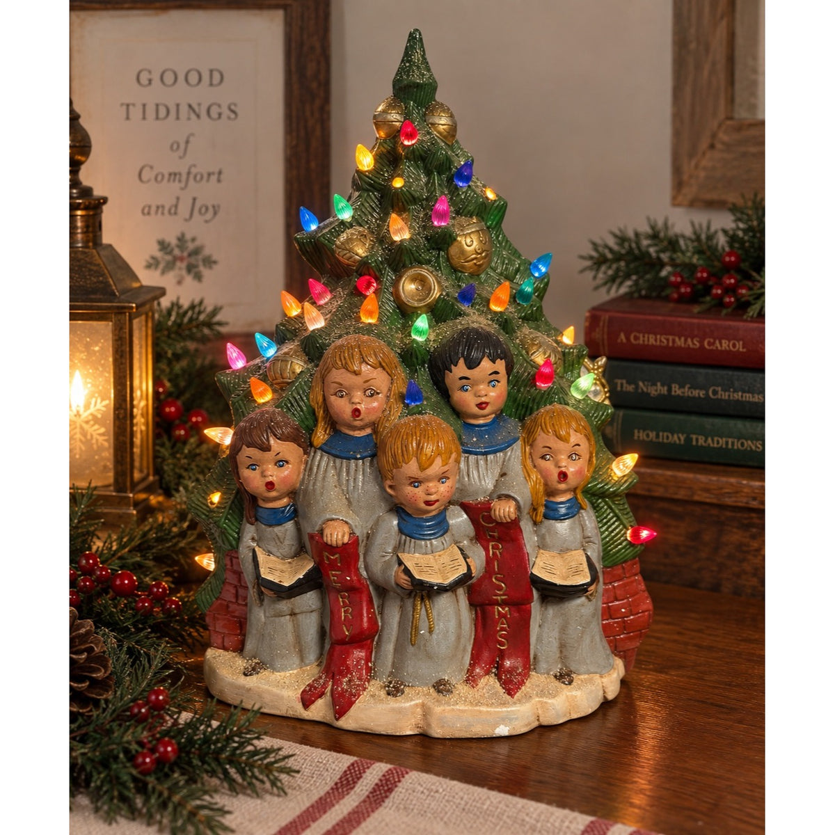 Vintage 16" Lighted Ceramic Christmas Tree Choir Music Box Silent Night