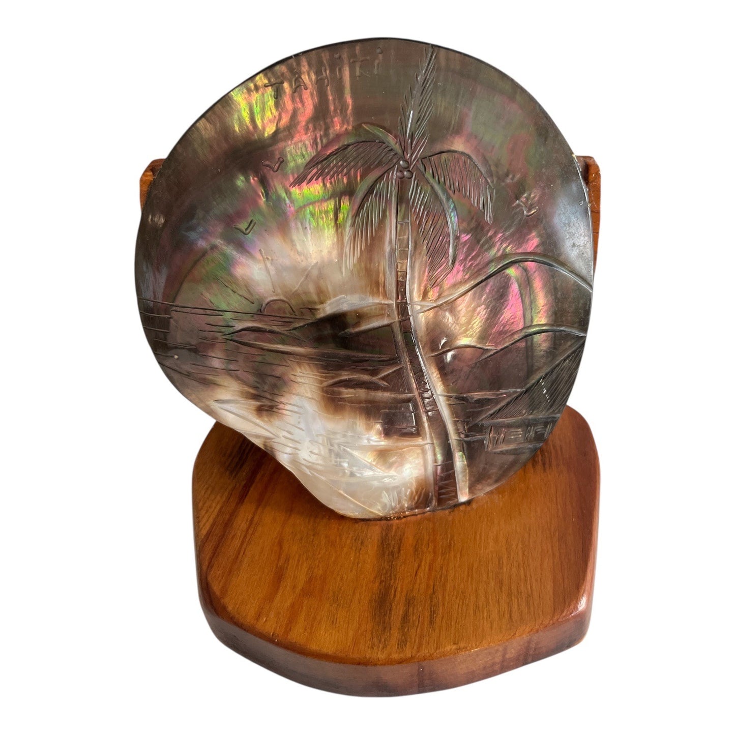 Vintage Tahiti Mother of Pearl Carved Shell on Wood Stand – Palm Tree Scene