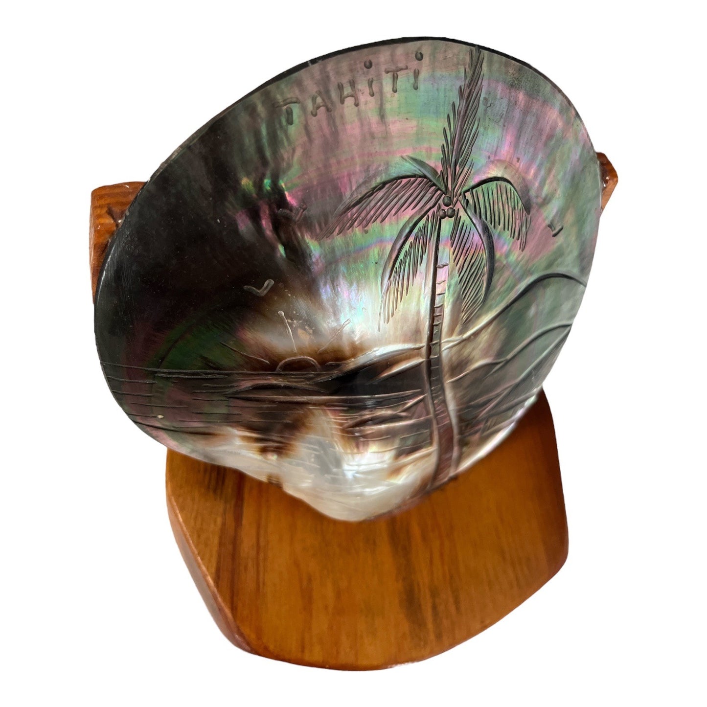 Vintage Tahiti Mother of Pearl Carved Shell on Wood Stand – Palm Tree Scene