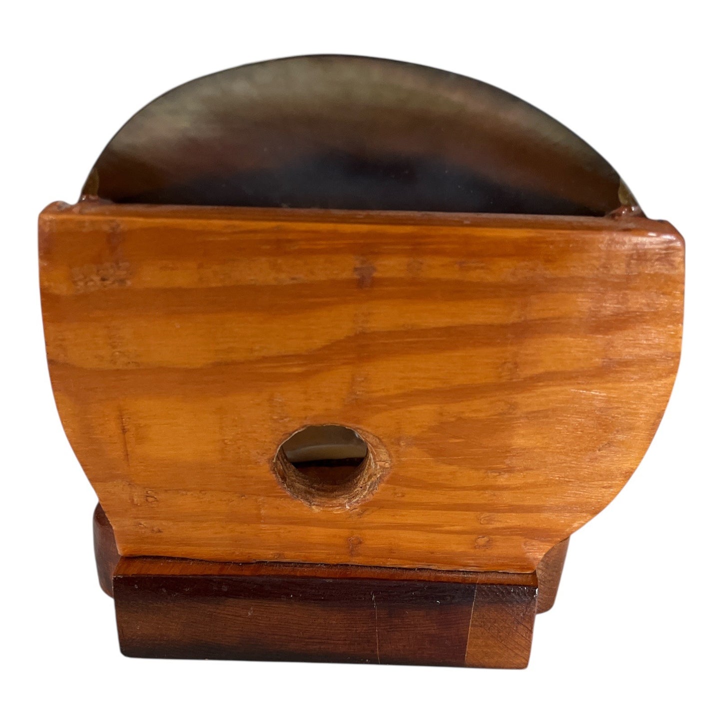Vintage Tahiti Mother of Pearl Carved Shell on Wood Stand – Palm Tree Scene