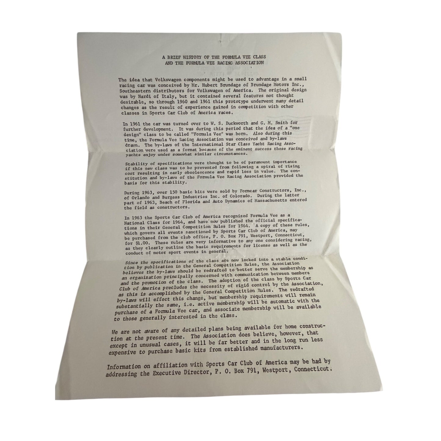Original 1964 Formula Vee Racing Association History Letter SCCA VW Racing Memorabilia