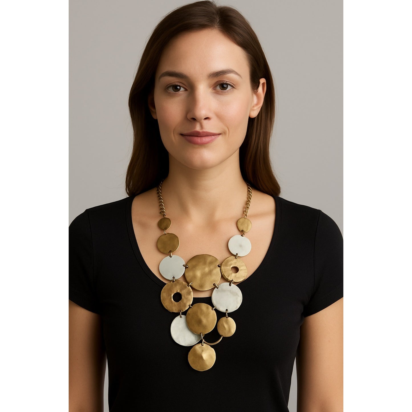 Chico’s Hammered Metal & Mother of Pearl Disc Statement Necklace – Gold Tone