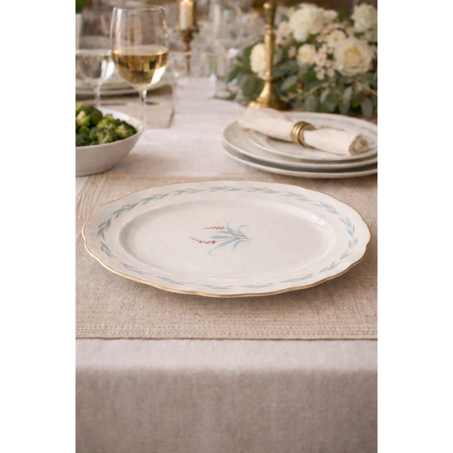 Vintage Korona Poland Floral Oval Serving Platter Gold Trim