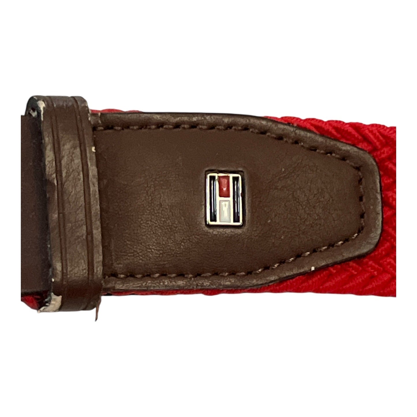 Tommy Hilfiger Men's Woven Red Belt | Bonded Leather Trim | Silver Buckle | 37" | 1.5" Width | Late 2000s–Early 2010s