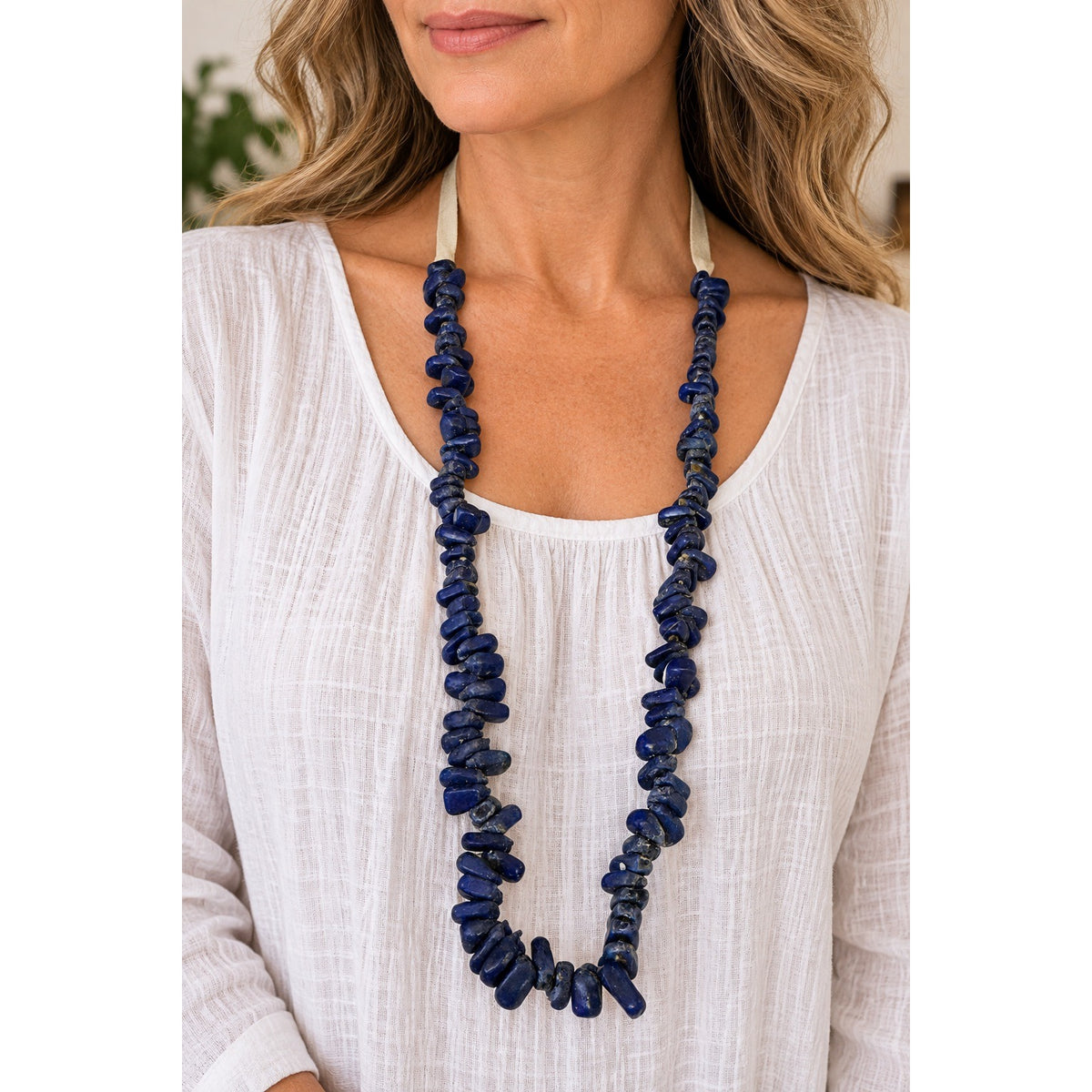 Long Indigo Blue Chunky Chip Bead Necklace 31 Inch Suede Cord Boho Statement