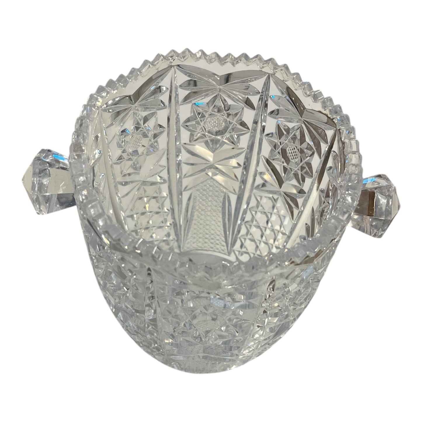 Vintage American Brilliant Cut Glass Ice Bucket / Handled Bowl – Hobstar & Diamond Pattern – 5.5"