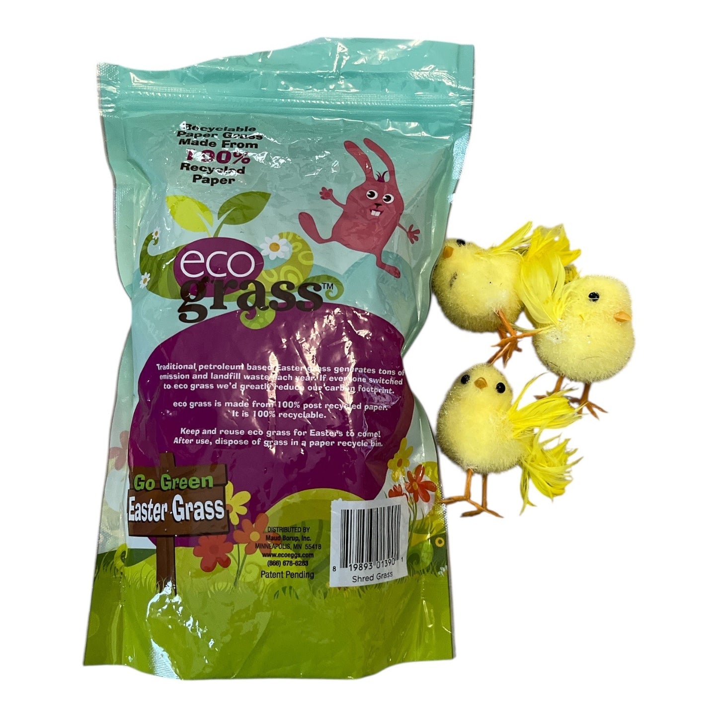 Eco Grass Recycled Easter Basket Filler (Opened, 1.25 oz) + Set of 3 Yellow Feather Chicks – Go Green Spring Decor