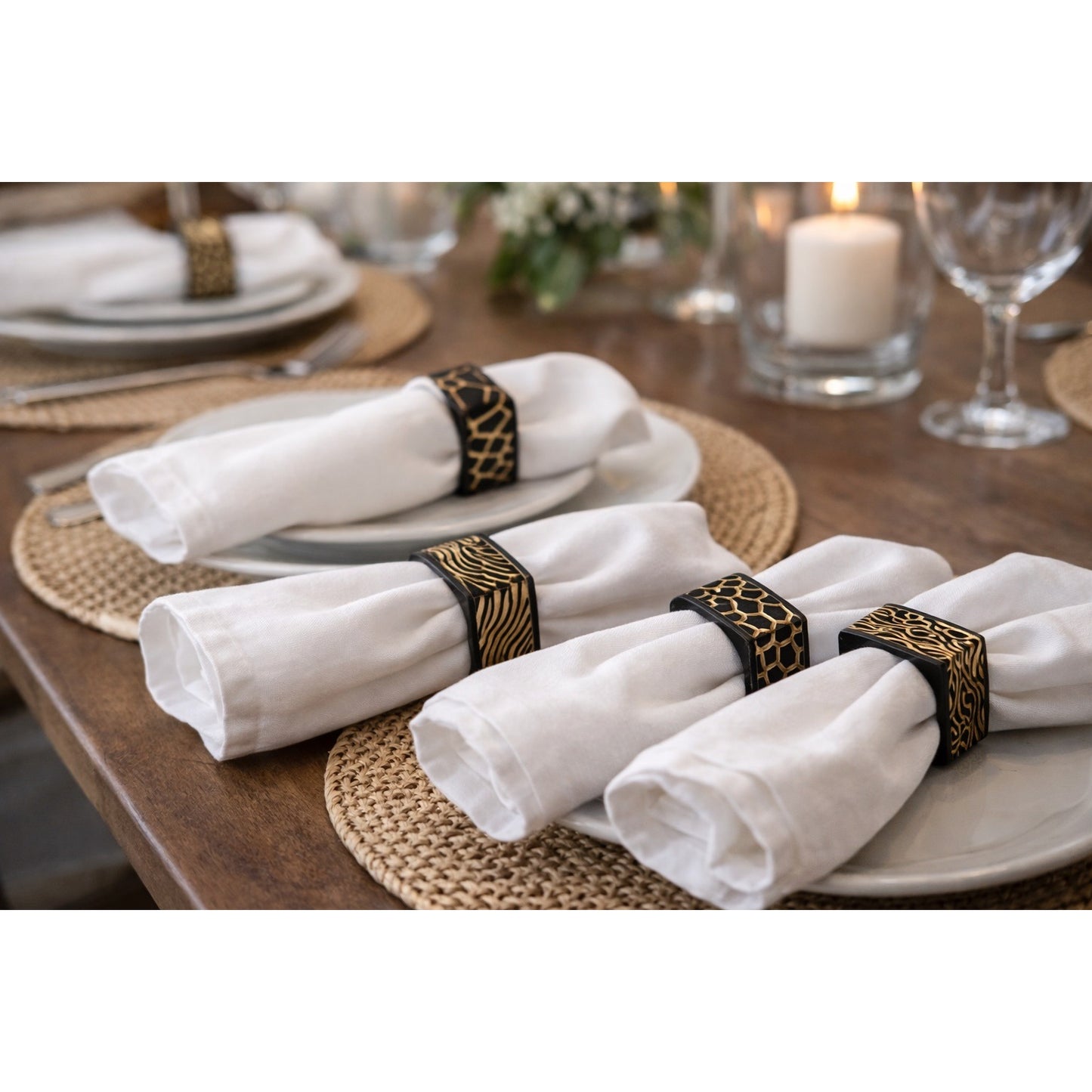 Vintage Set of 4 Black Gold Animal Print Napkin Rings Hard Plastic Zebra Giraffe