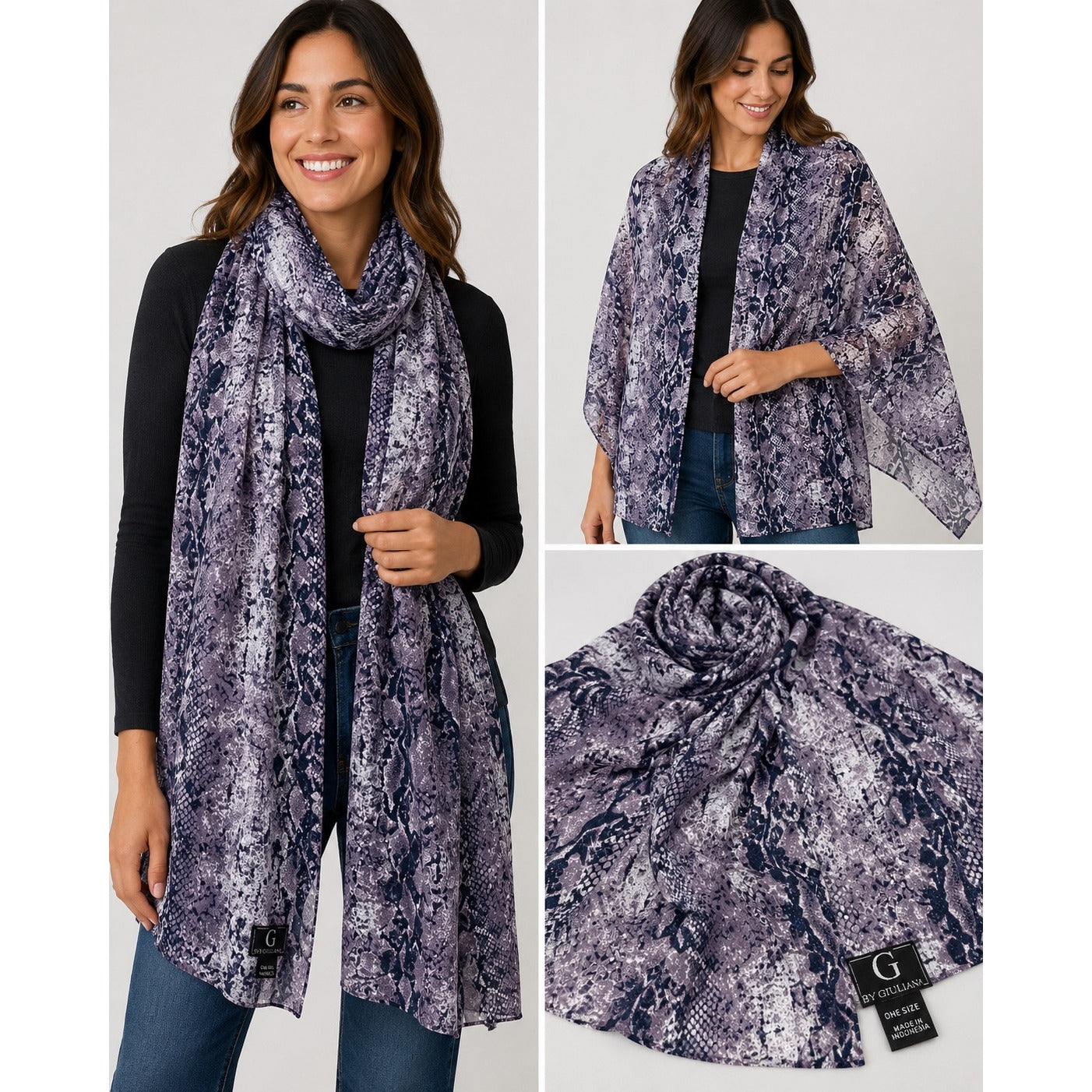 G by Giuliana Snakeskin Print Scarf Wrap Shawl Purple Gray Lightweight 72x24