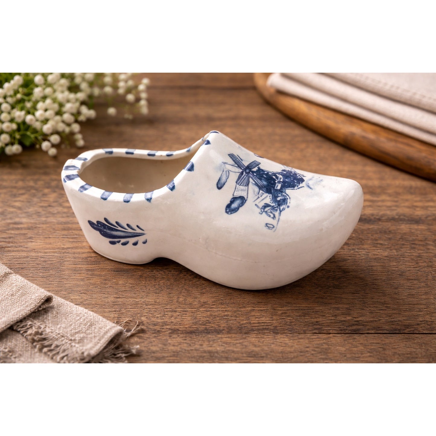 Vintage Delft Blue Wooden Shoe Planter Windmill Holland Ceramic Clog 7”