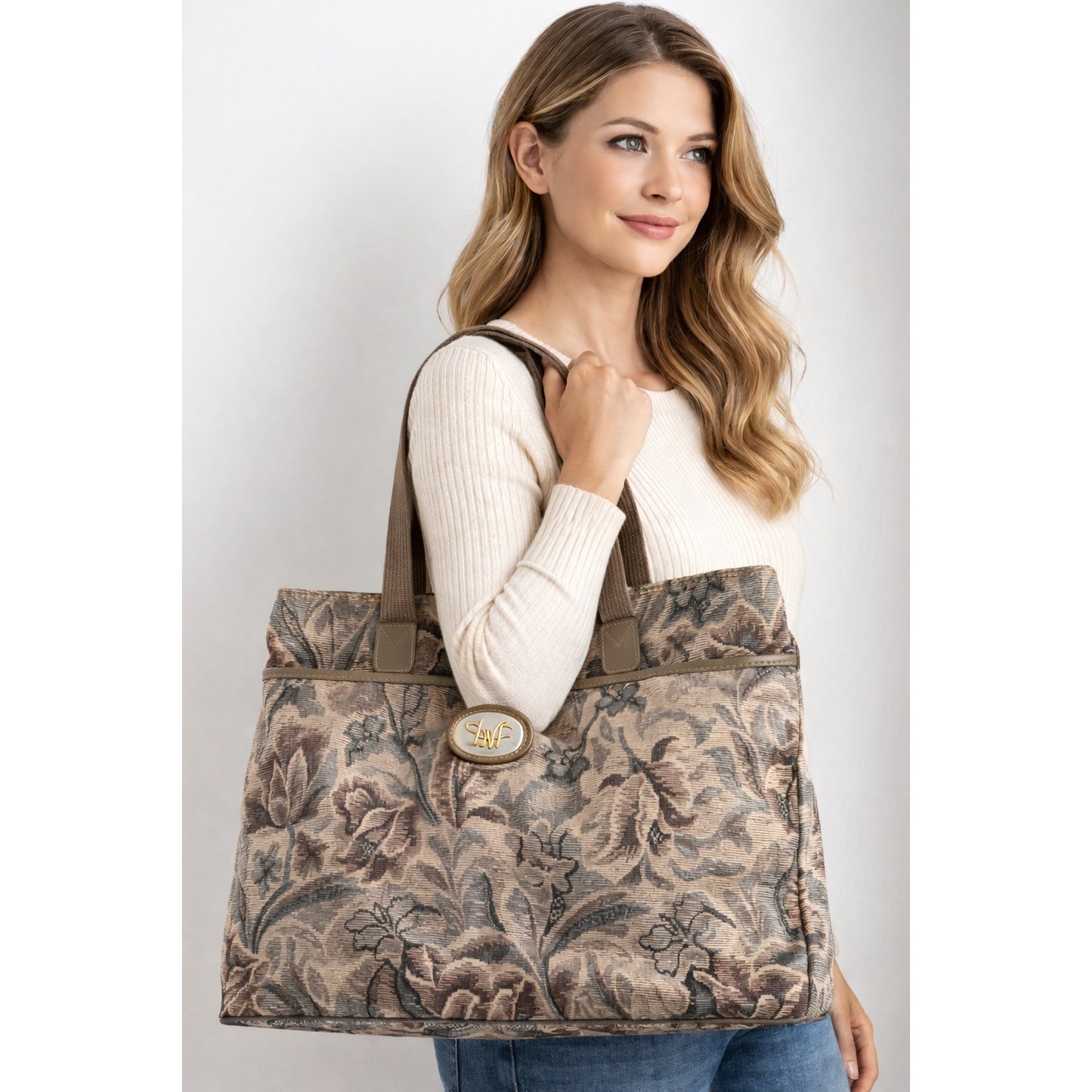 Vintage Diane von Furstenberg Floral Tapestry Tote Bag Brown Neutral Shoulder Handbag