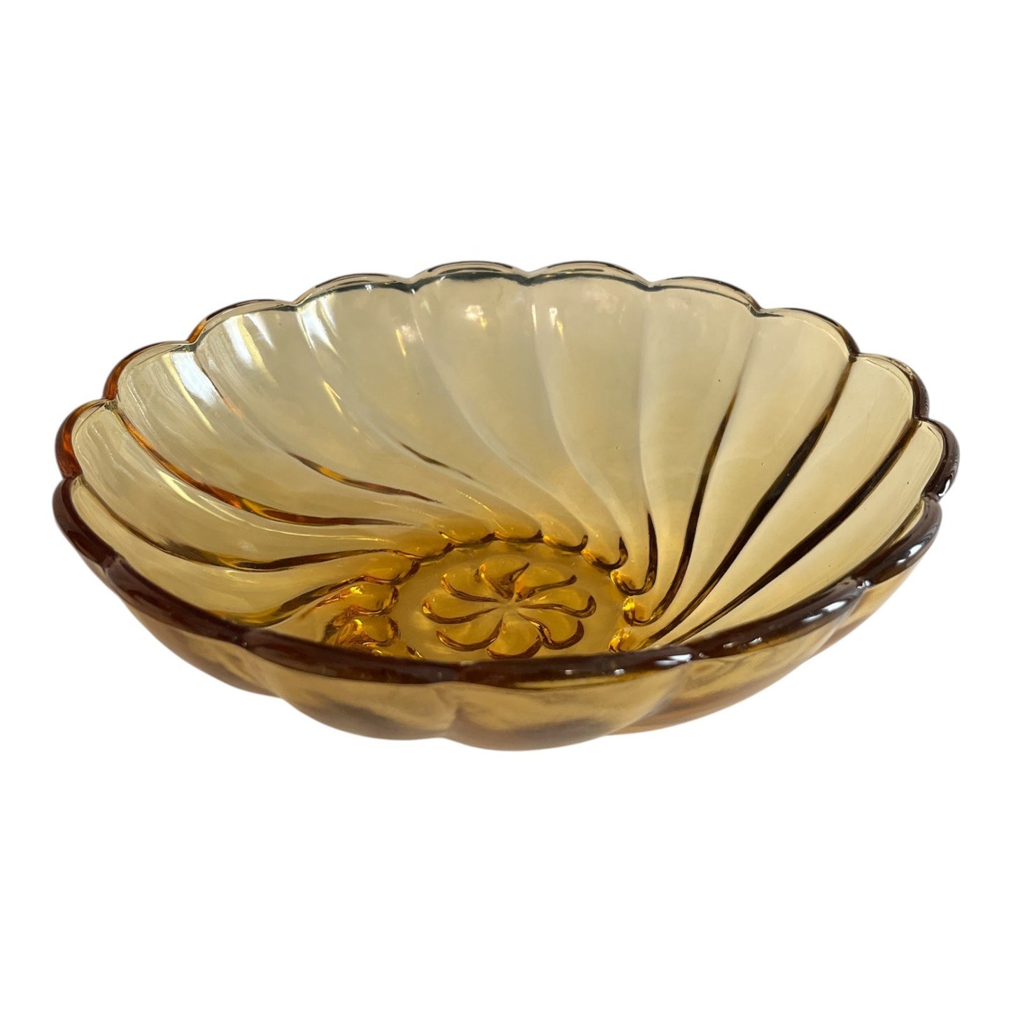 Vintage Hazel-Atlas Amber Swirl Glass Bowl – 9” x 4” – Mid-Century Pressed Glass