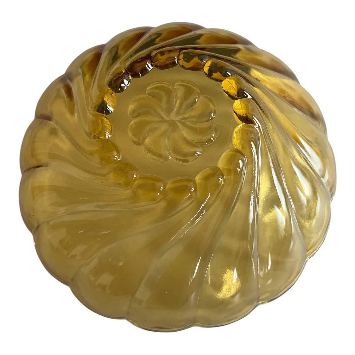 Vintage Hazel-Atlas Amber Swirl Glass Bowl – 9” x 4” – Mid-Century Pressed Glass