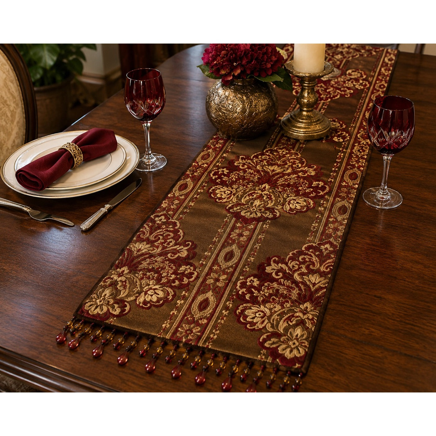Vintage Bombay Company Silk Velvet Tapestry Table Runner Beaded Fringe Red Gold Brown