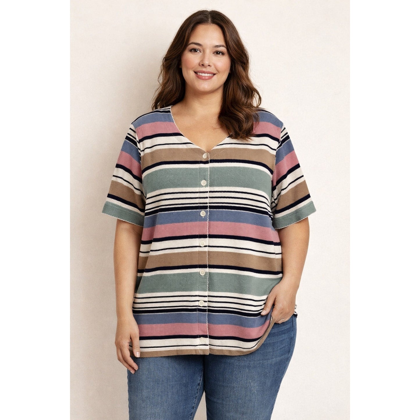 Alfred Dunner 1X Striped Button Front Knit Top Womens Plus Size Short Sleeve Casual Blouse