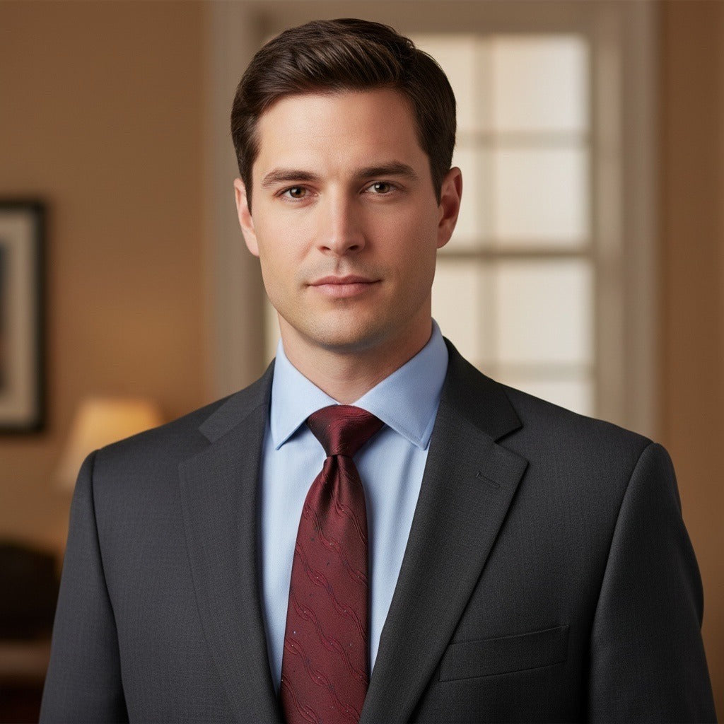 Kailong Handmade Silk Necktie Burgundy Red Abstract Wave Pattern