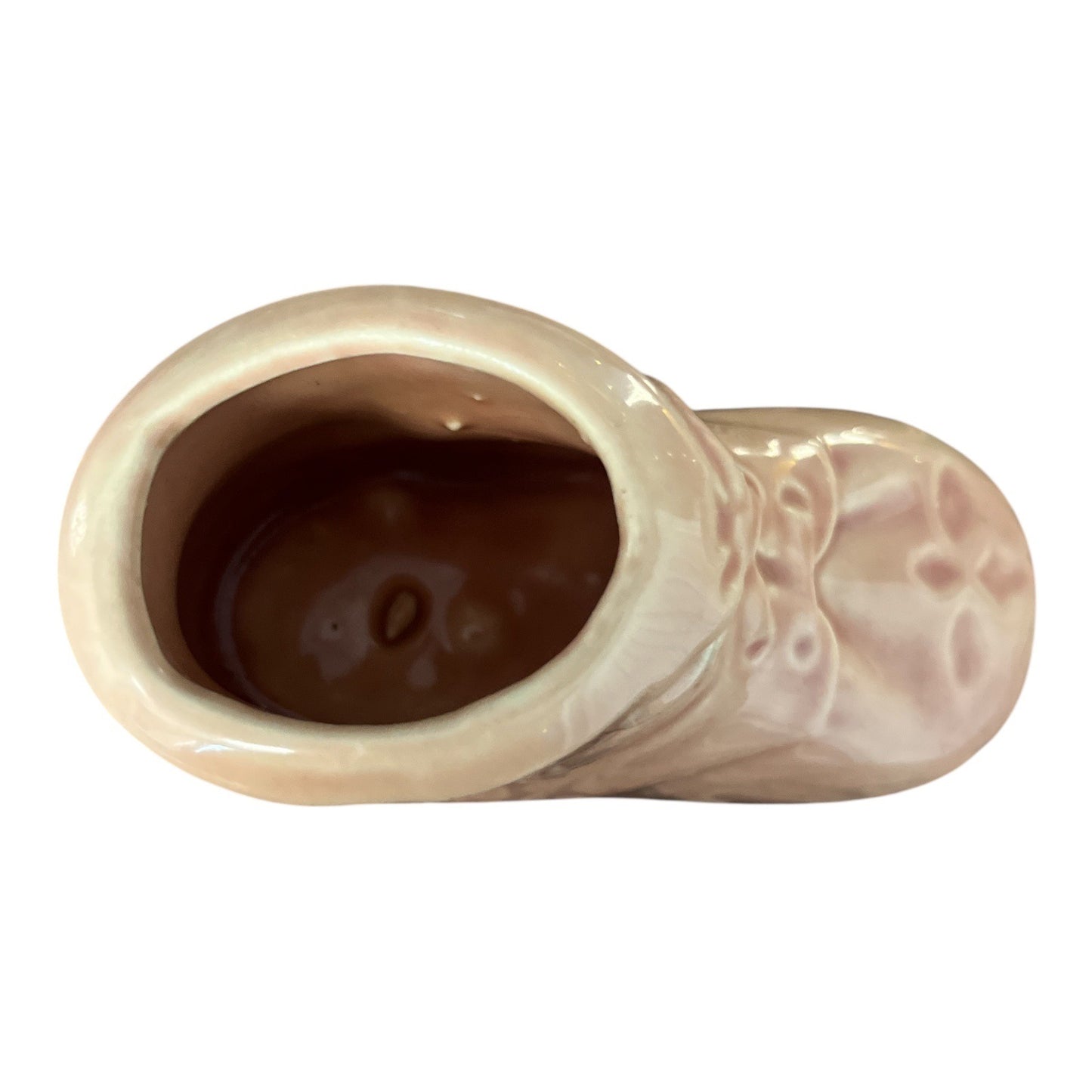 Mid Century Ceramic Baby Bootie Planter Made In USA Peach Pink Glaze Decorative Nursery Accent