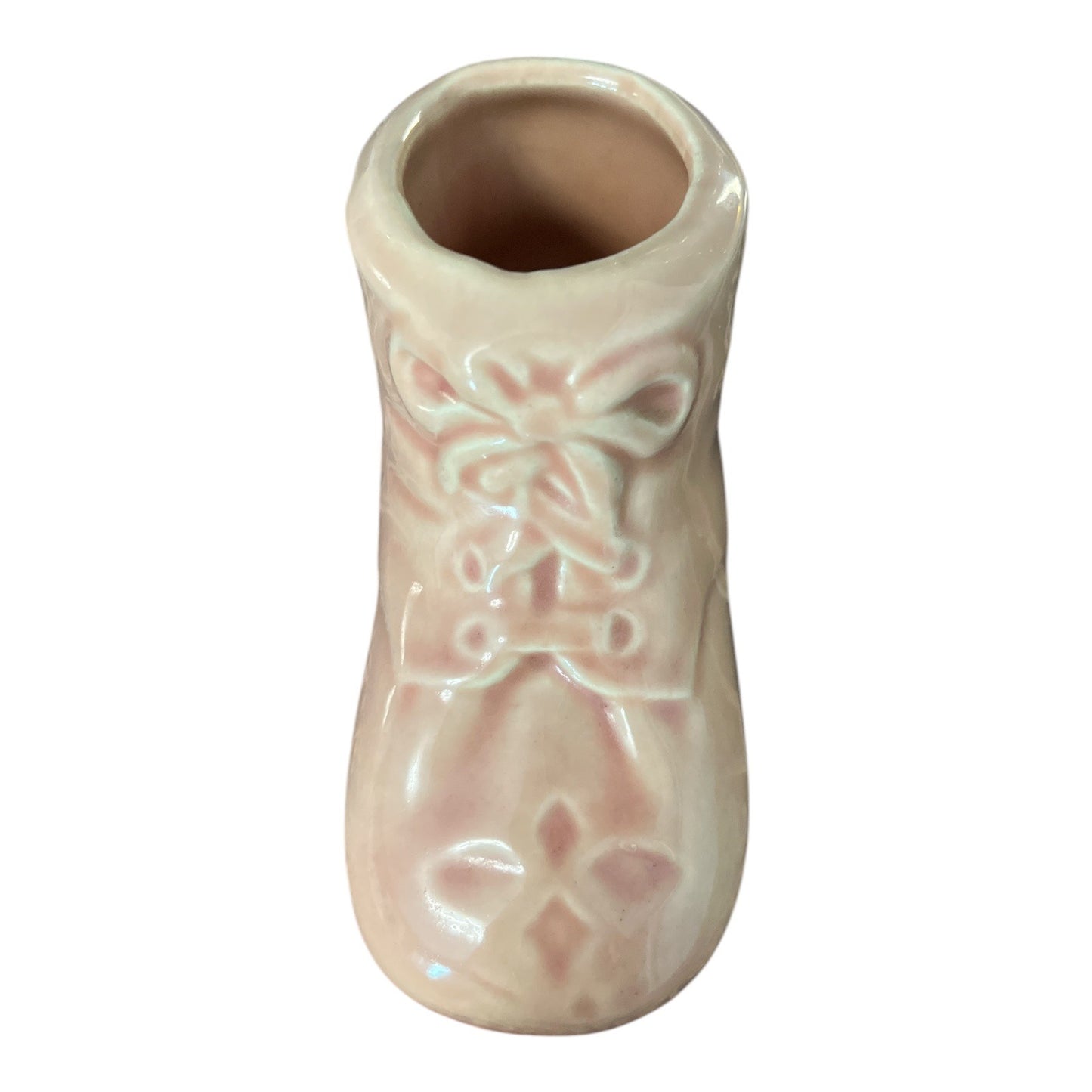 Mid Century Ceramic Baby Bootie Planter Made In USA Peach Pink Glaze Decorative Nursery Accent