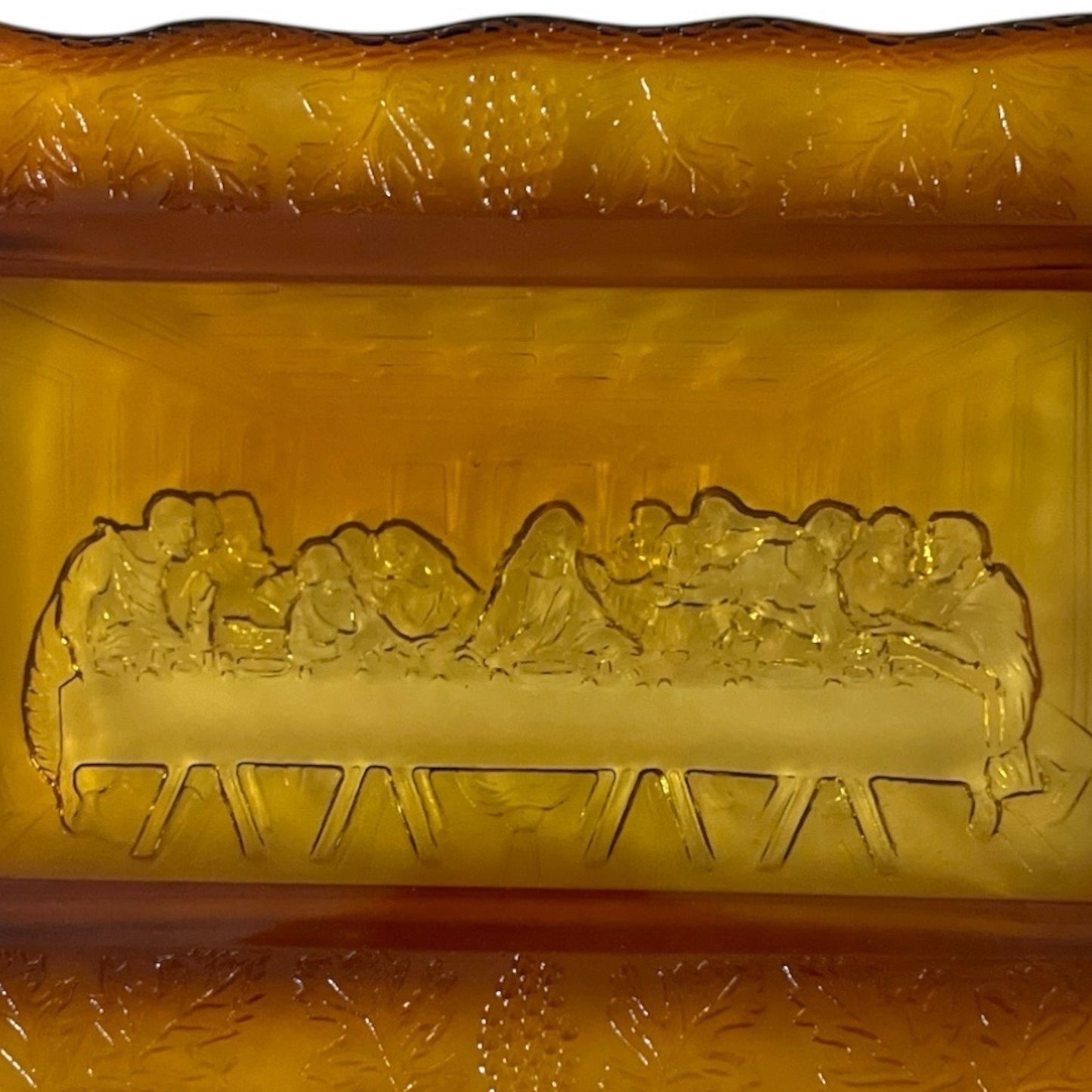 Vintage Amber Glass Last Supper Tray with Scalloped Edge and Grape Vine Border – Mid-Century Pressed Glass