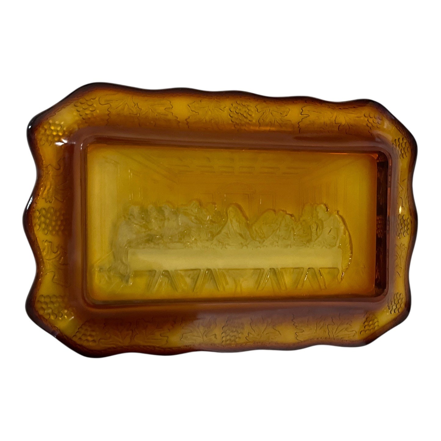 Vintage Amber Glass Last Supper Tray with Scalloped Edge and Grape Vine Border – Mid-Century Pressed Glass