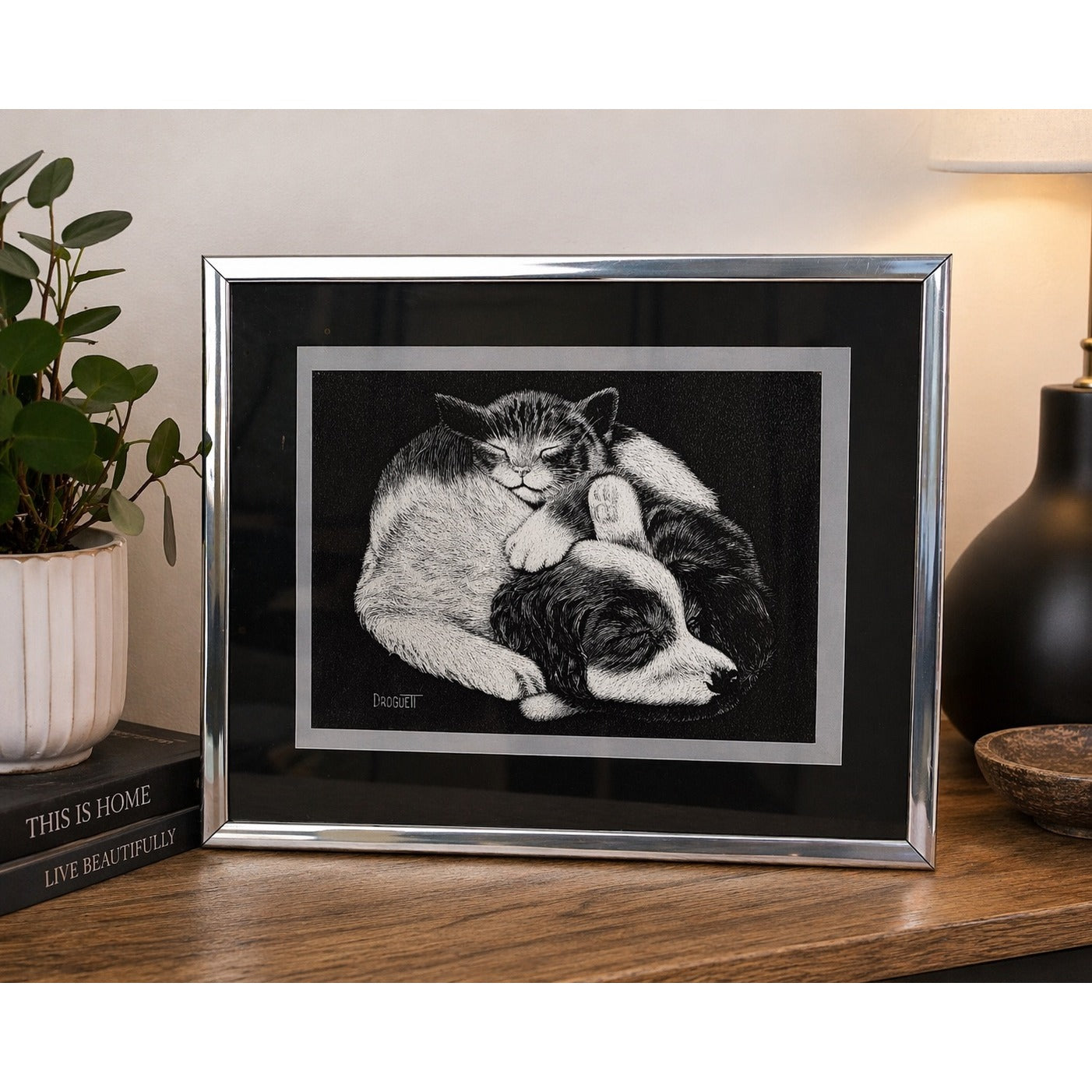 Vintage Cat and Dog Print Black White Signed Droguett Framed Wall Art 10x8