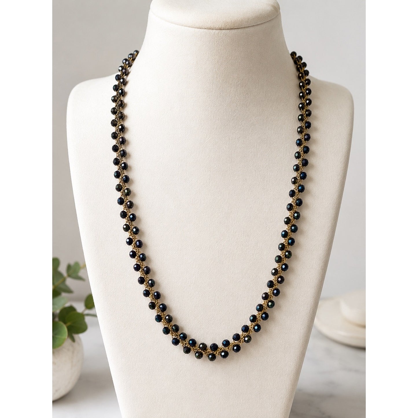 Vintage Black Faceted Bead Crochet Necklace Gold Tone 24" Boho Statement