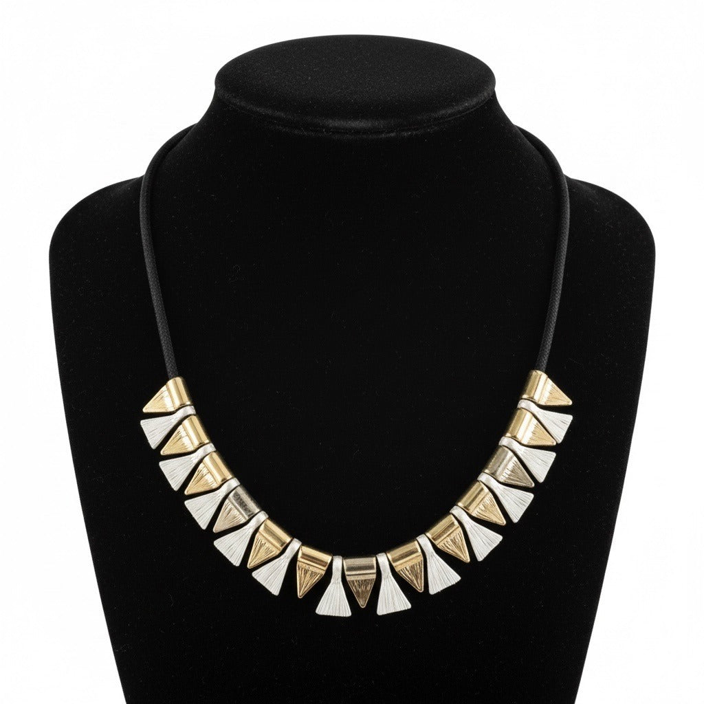 Gold Silver Tone Geometric Fringe Necklace Statement Black Cord Adjustable 14” Modern