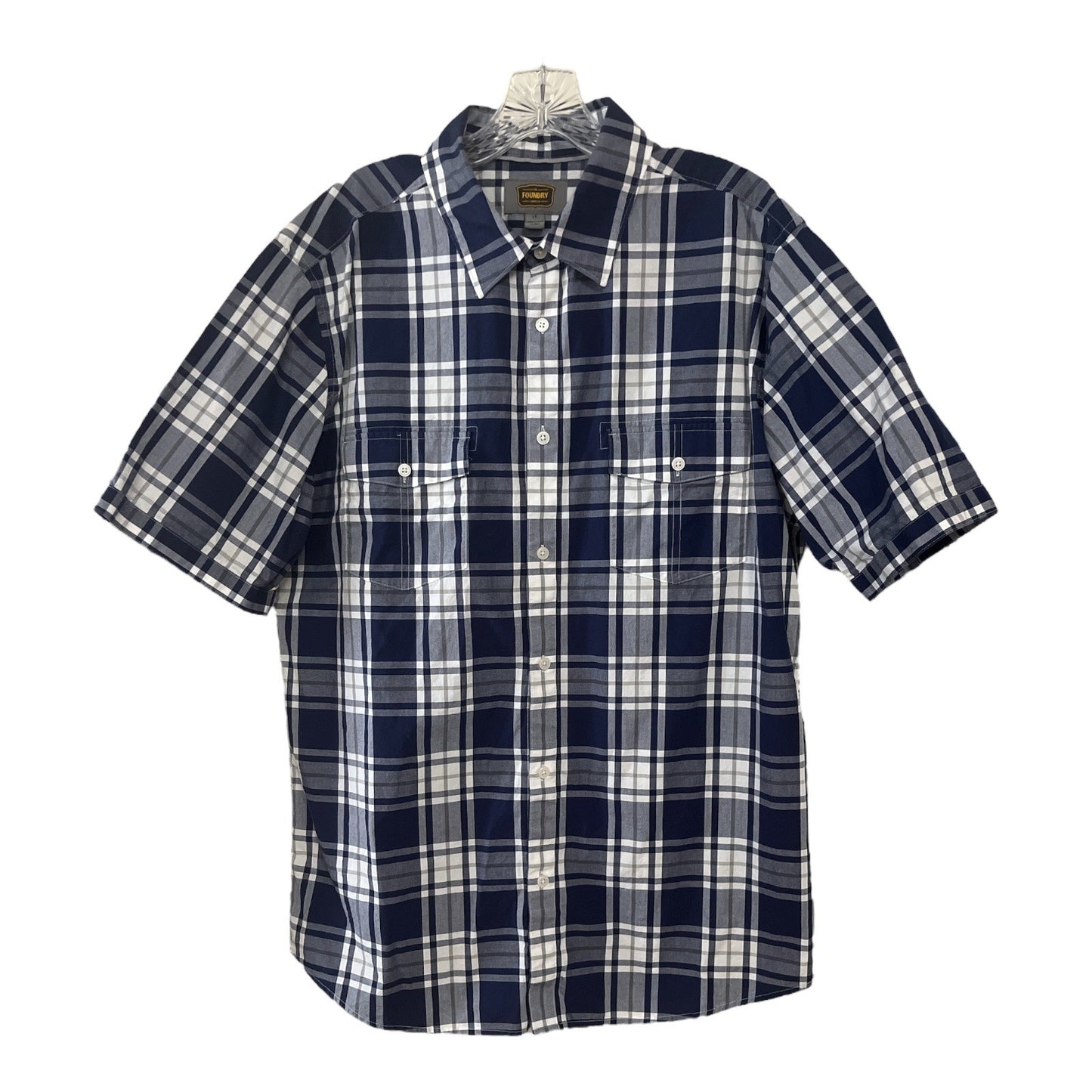 Vtg 2010s The Foundry Supply Co. Men’s LT Short Sleeve Shirt – Navy Plaid, 100% Cotton, Chest Pockets