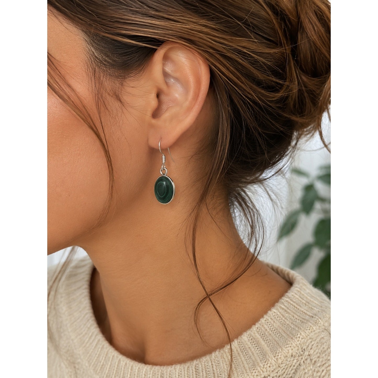 Vintage Green Stone Dangle Earrings Oval Cabochon Boho Jewelry