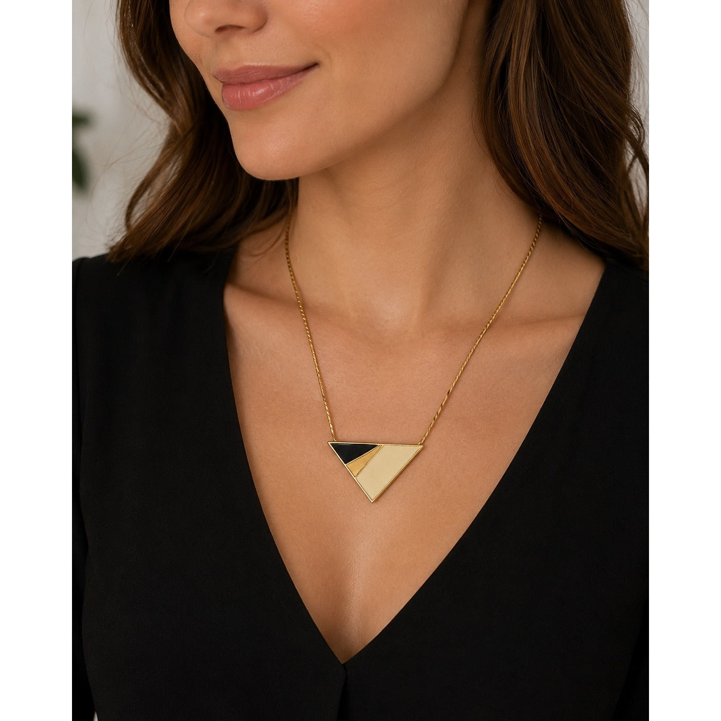 Monet Geometric Enamel Pendant Necklace Black Cream Gold Tone 14 Inch Vintage