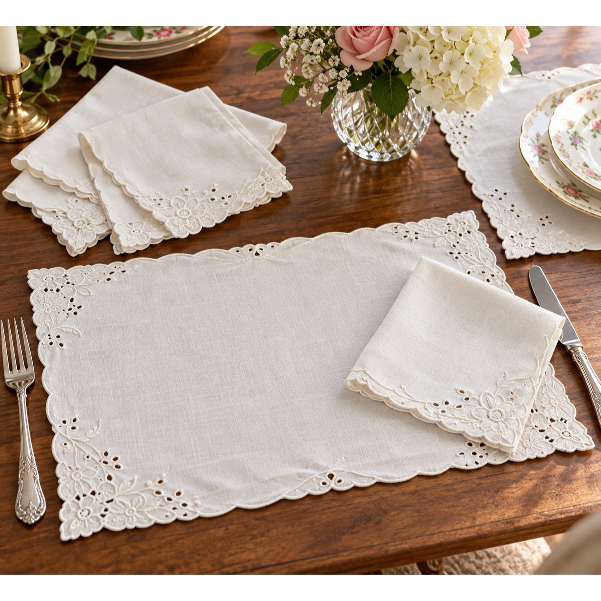 Vintage White Embroidered Placemats Napkins 7 Piece Madeira Style Floral Cutwork
